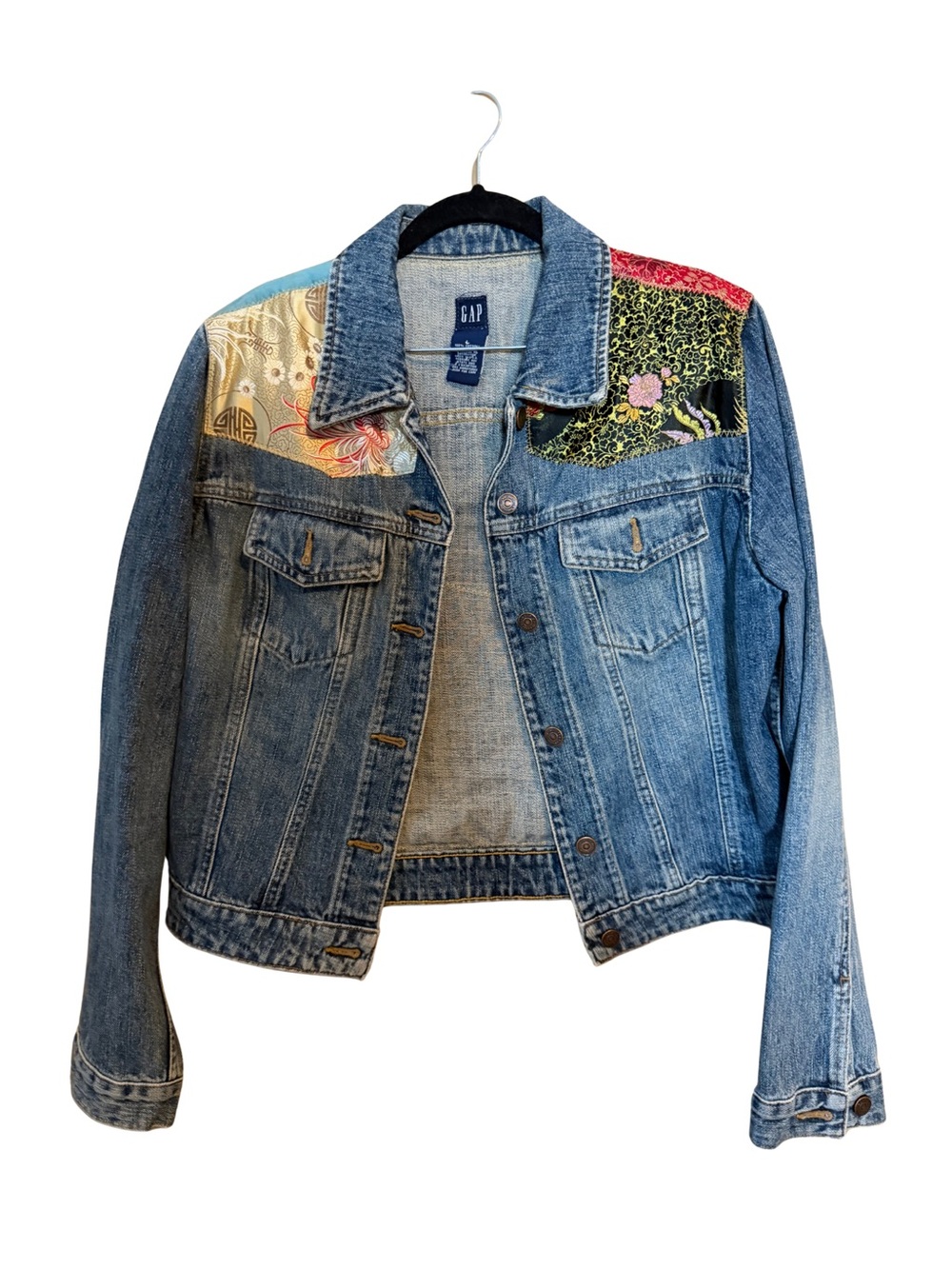 GAP Rare 90s Vintage Women's Blue Denim Jacket with Multi-Color Patch Details
